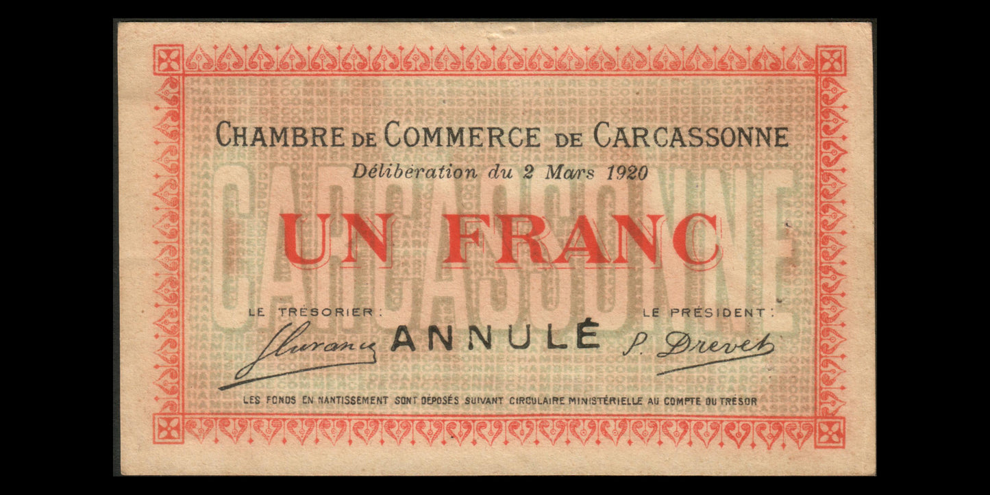 FRANCE - Chambre de Commerce Carcassonne (Aude), 1 Franc ANNULÉ 1920 JP.38.18 pr.SUP / XF-