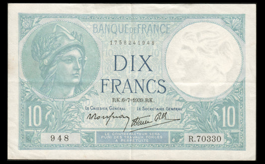 FRANCE - 10 Francs Minerve 1939 F.07.04, P.84 pr.SUP / XF-