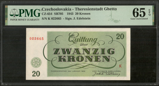 CZECHOSLOVAKIA - Theresienstadt Ghetto - 20 Kronen 1943 CZ-654 NEUF / PMG Gem Unc 65 EPQ