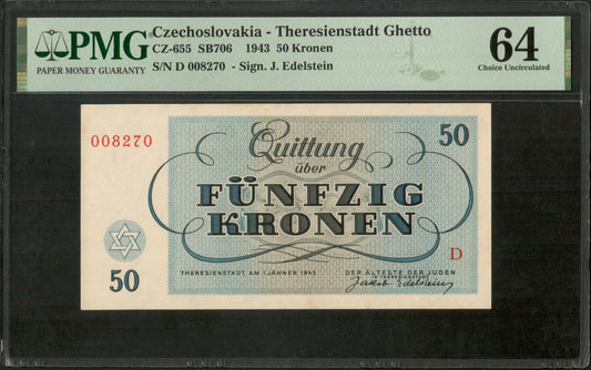 CZECHOSLOVAKIA - Theresienstadt Ghetto - 50 Kronen 1943 CZ-655 NEUF / PMG Choice Unc 64