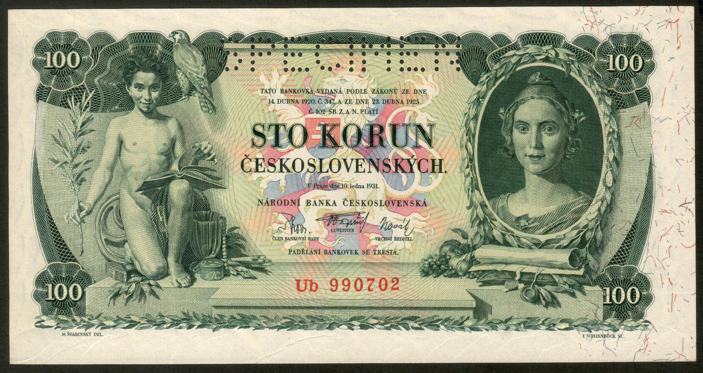 TCHÉCOSLOVAQUIE - CZECHOSLOVAKIA - 100 Korun Specimen 1931 P.23s NEUF / UNC