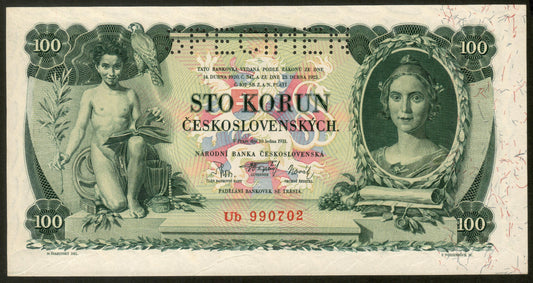 TCHÉCOSLOVAQUIE - CZECHOSLOVAKIA - 100 Korun Specimen 1931 P.23s NEUF / UNC