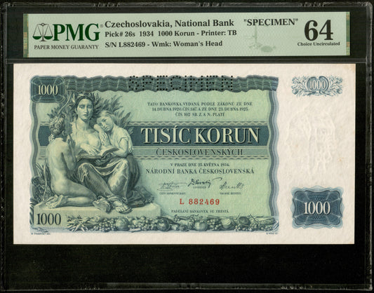 TCHÉCOSLOVAQUIE - CZECHOSLOVAKIA - 1000 Korun Specimen 1934 Pick 26s PMG Choice Unc 64