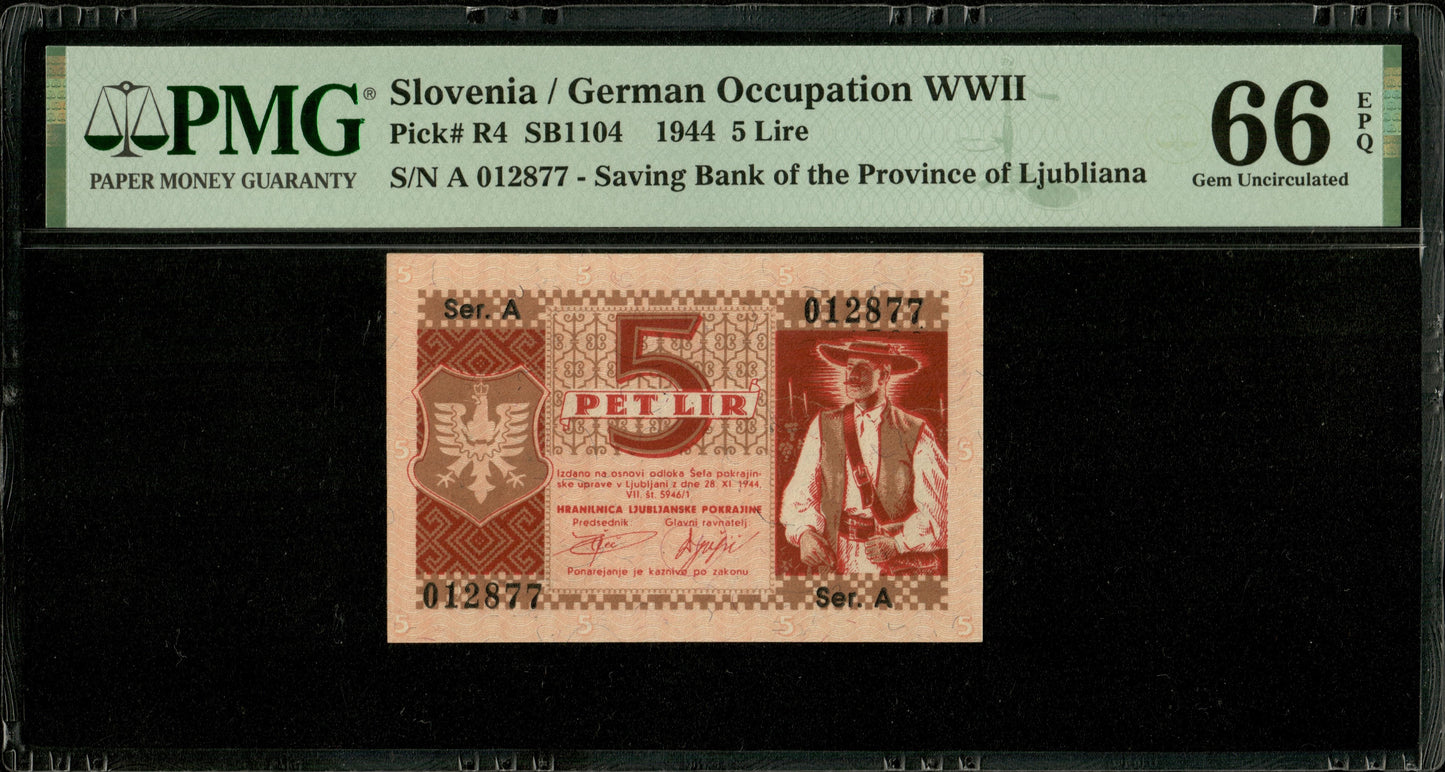 SLOVÉNIE - SLOVENIA - Laibach, 5 Lir 1944 P.R4 (Yugoslavia P.R19) NEUF / PMG 66 EPQ