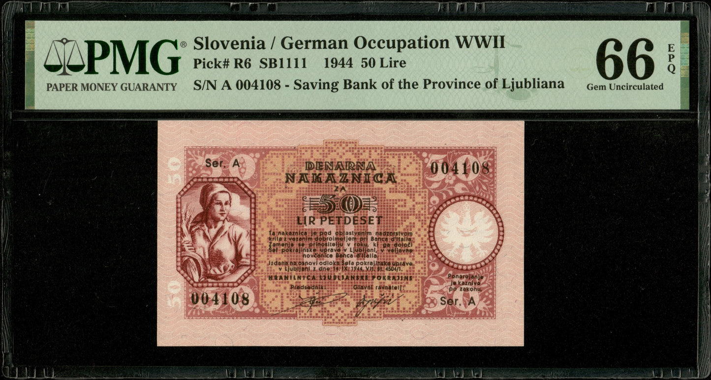 SLOVÉNIE - SLOVENIA - Laibach, 50 Lir 1944 P.R6 (Yugoslavia P.R21) NEUF / PMG 66 EPQ