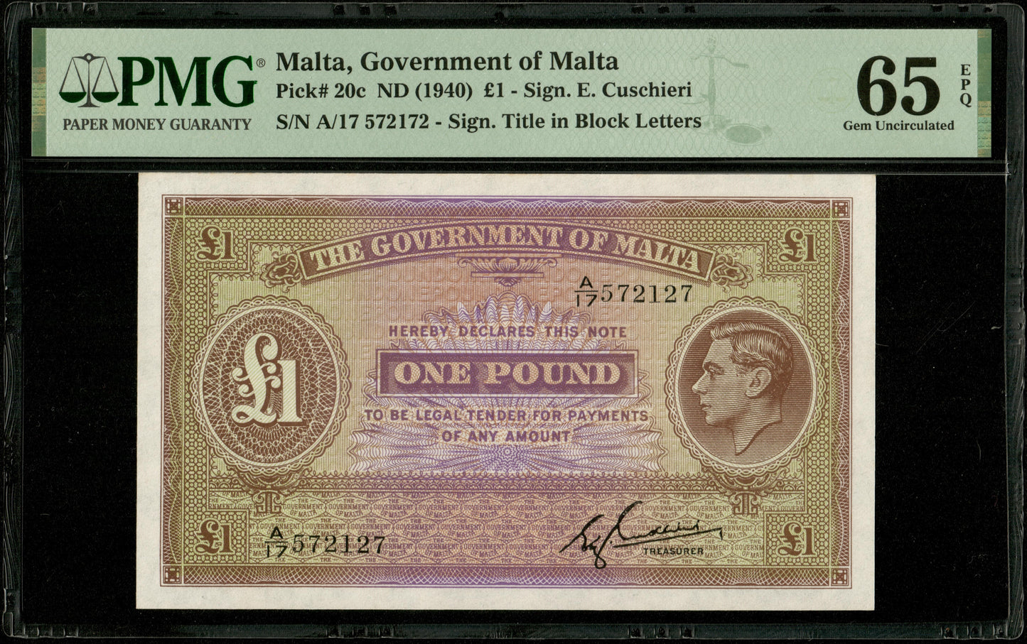 MALTE - MALTA - 1 Pound (1940) P.20c NEUF / PMG 65 EPQ