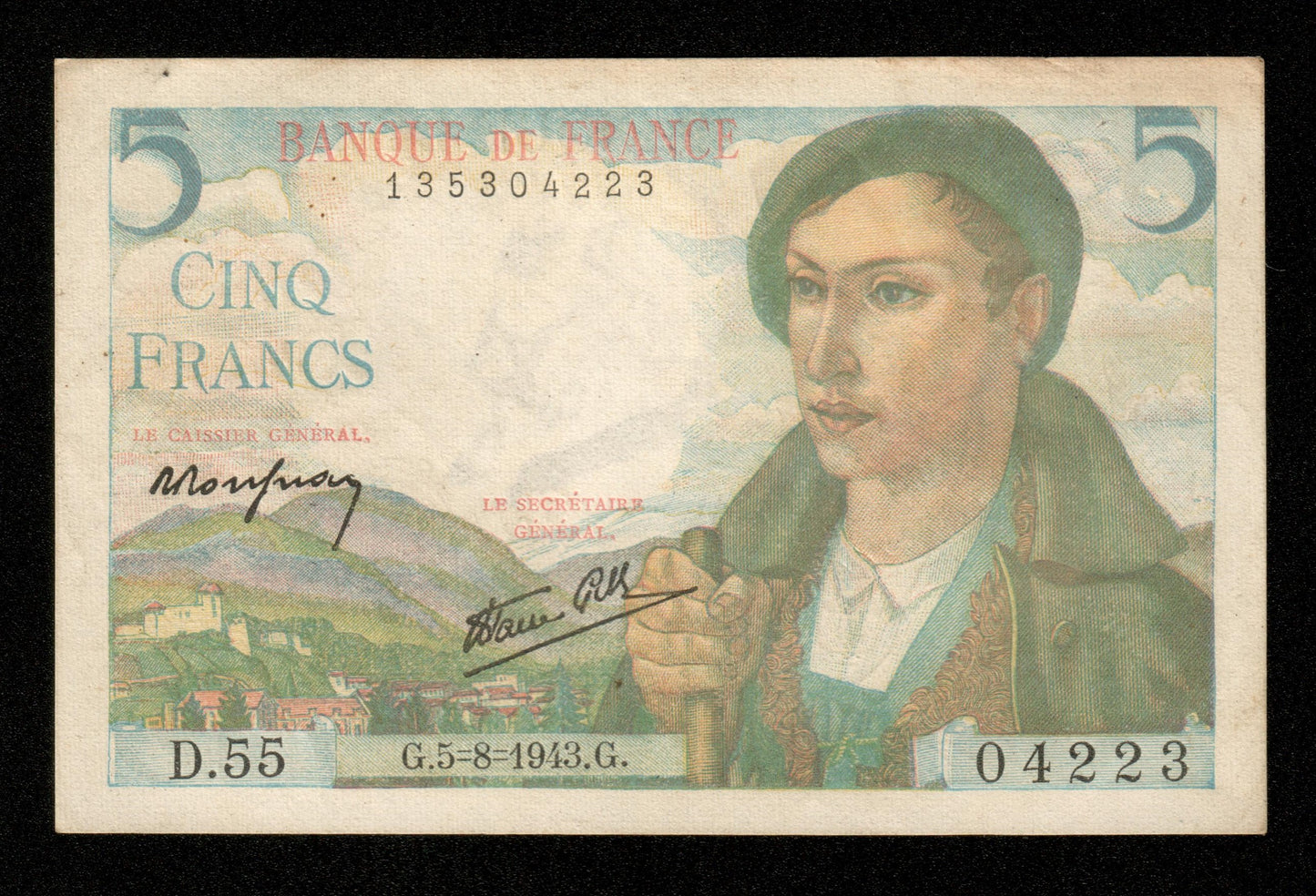 FRANCE - 5 Francs Berger 1943 D.55 F.05.03, P.98a SUP / XF