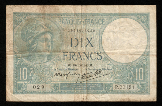 FRANCE - 10 Francs Minerve 10.10.1940 F.07.16, P.84 TB / Fine