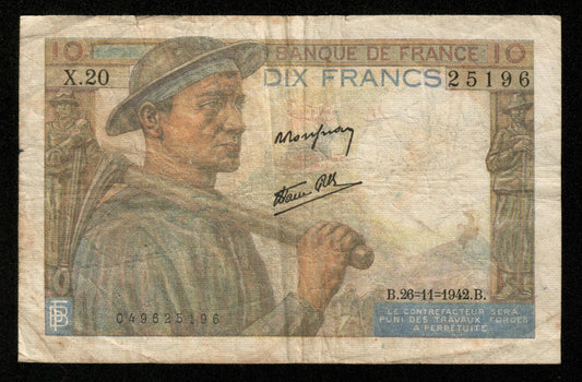 FRANCE - 10 Francs Mineur 1942 X.20 F.08.06, P.99b TB / Fine