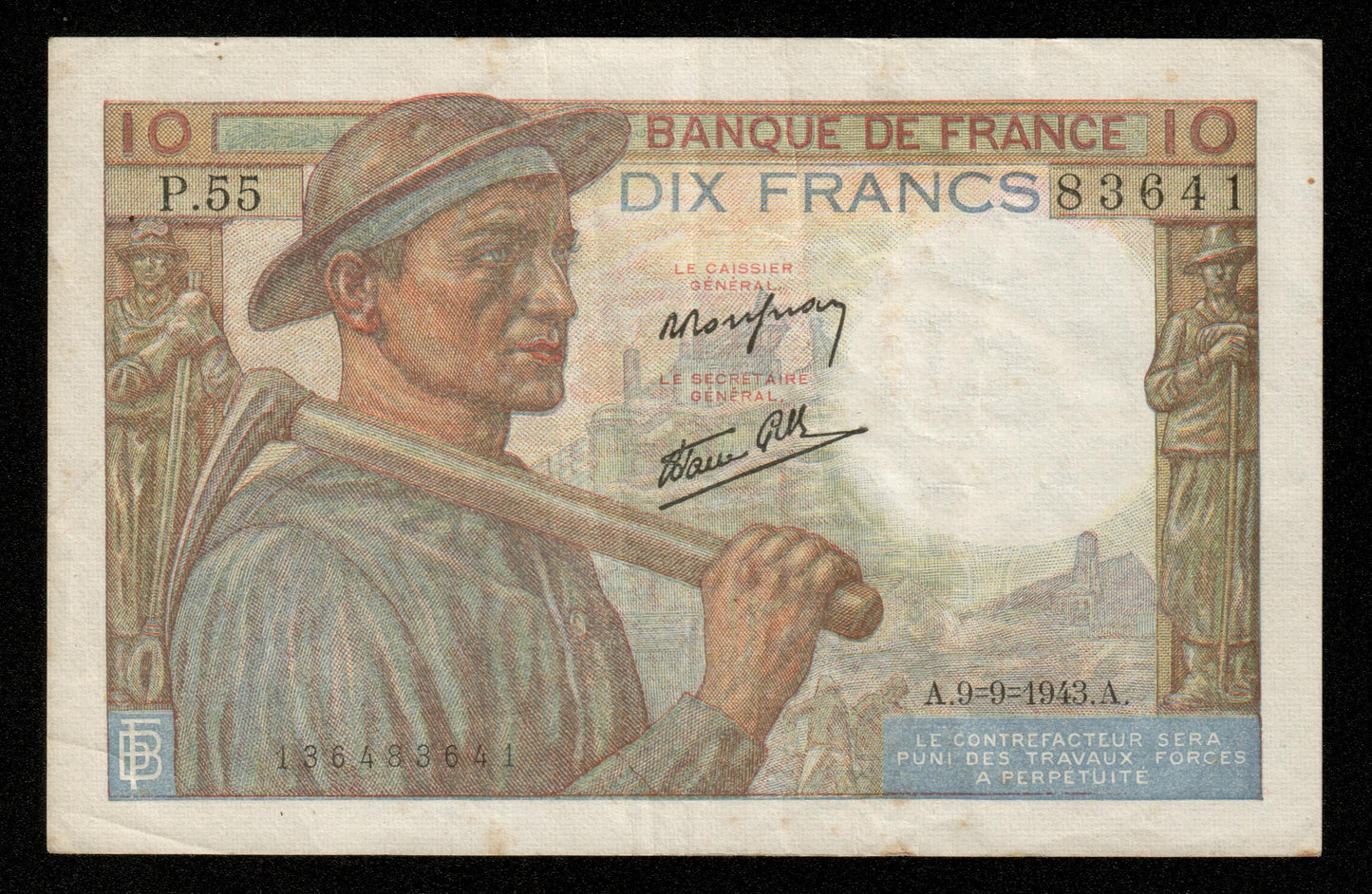 FRANCE - 10 Francs Mineur 1943 P.55 F.08.09, P.99d TTB / VF