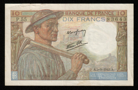FRANCE - 10 Francs Mineur 1943 P.55 F.08.09, P.99d pr.TTB / VF-