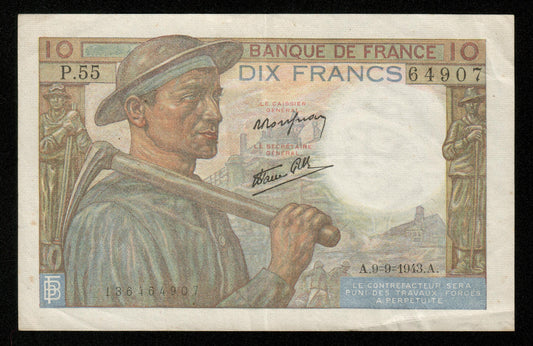 FRANCE - 10 Francs Mineur 1943 P.55 F.08.09, P.99d TTB / VF