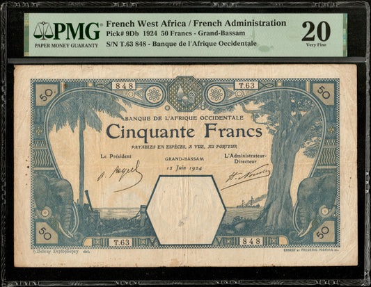 AFRIQUE OCC. FRANÇAISE - FRENCH WEST AFRICA - 50 Francs 1924 Grand-Bassam P.9Db TB / PMG 20