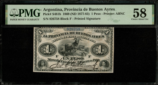 ARGENTINE - ARGENTINA - Provincia de Buenos Ayres, 1 Peso 1869 P.S481b pr.NEUF / PMG 58