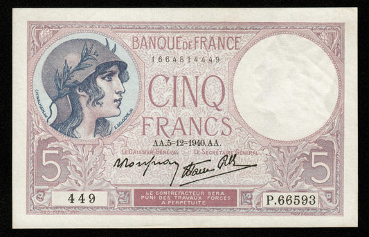 FRANCE - 5 Francs Violet 1940 F.04.16, P.83 SPL / AU