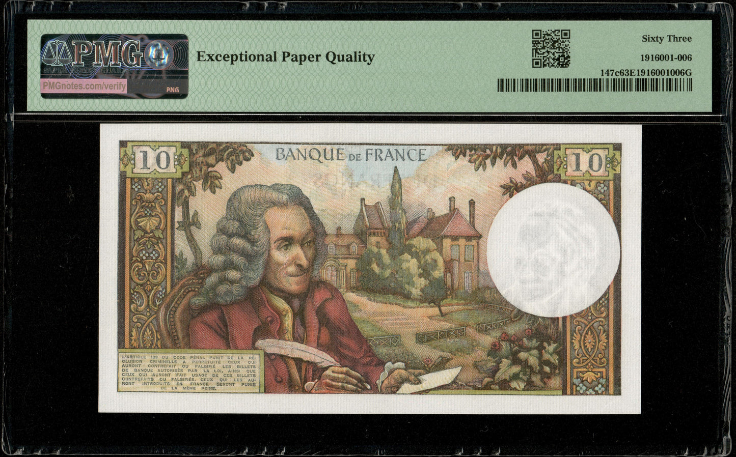 FRANCE - 10 Francs Voltaire 1970 F.62.46, P.147c NEUF / PMG 63 EPQ