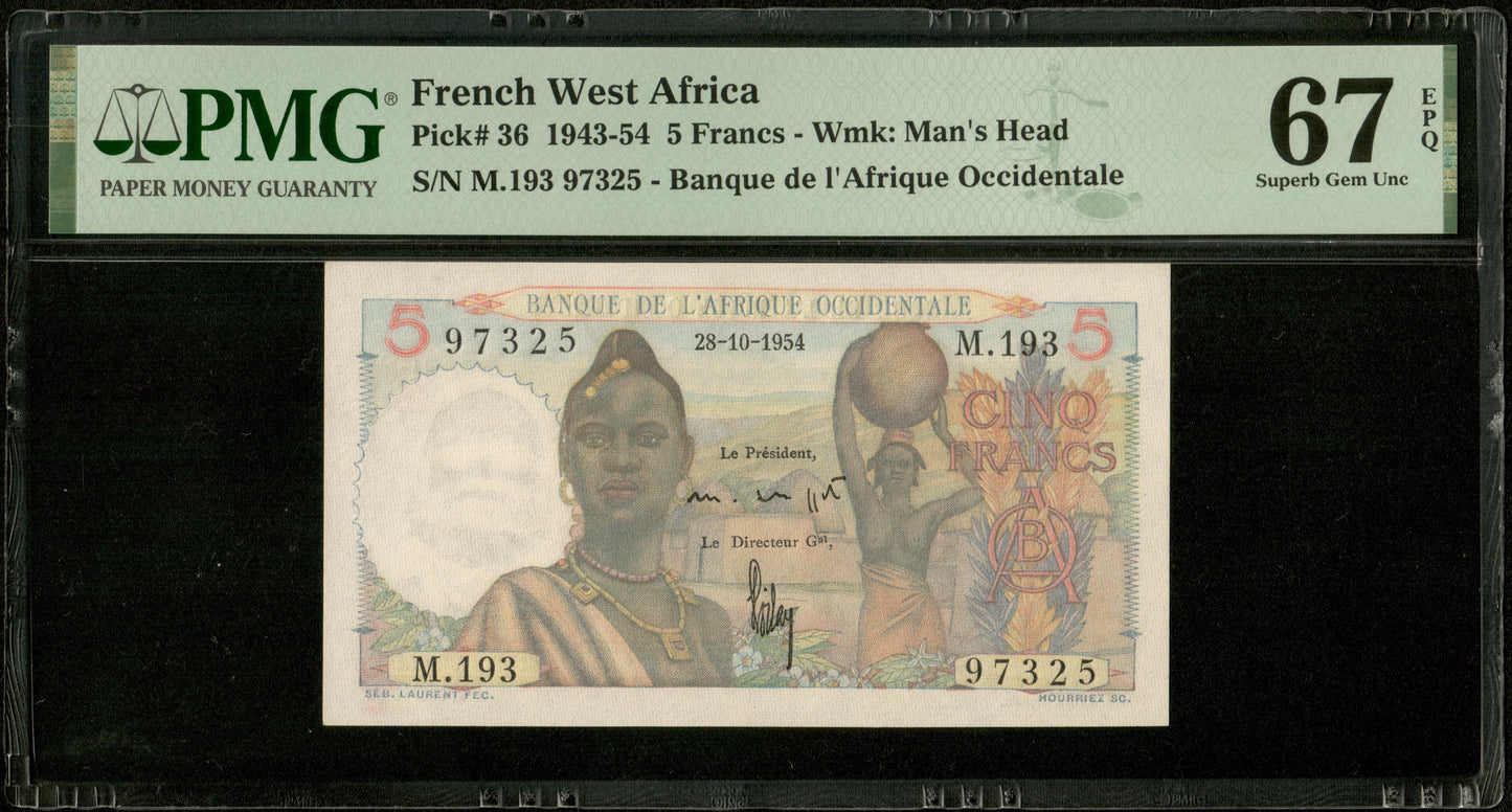 AFRIQUE OCCIDENTALE FRANÇAISE - FRENCH WEST AFRICA - 5 Francs 1954 Pick 36 PMG Superb Gem Unc 67 EPQ (TOP POP 1/17)