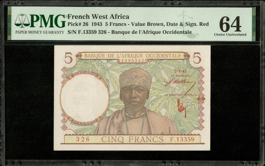 AFRIQUE OCCIDENTALE FRANÇAISE - FRENCH WEST AFRICA - 5 Francs 1943 P.26 NEUF / PMG 64