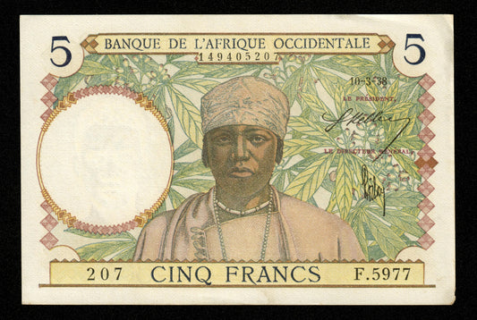 AFRIQUE OCCIDENTALE FRANÇAISE - FRENCH WEST AFRICA - 5 Francs 1938 P.21 SPL / AU