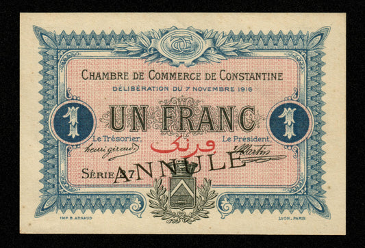 ALGÉRIE - ALGERIA - Chambre de Commerce Constantine, 1 Franc ANNULÉ 1916 JP.140.11 NEUF / UNC