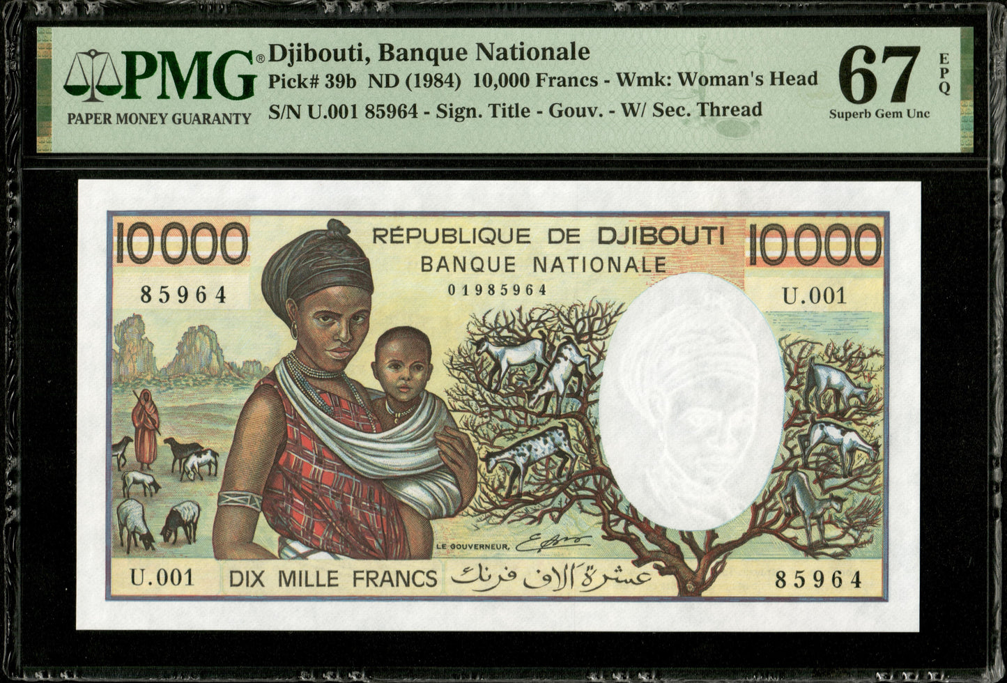 DJIBOUTI - 10000 Francs (1984) P.39b NEUF / PMG Superb Gem Unc 67 EPQ