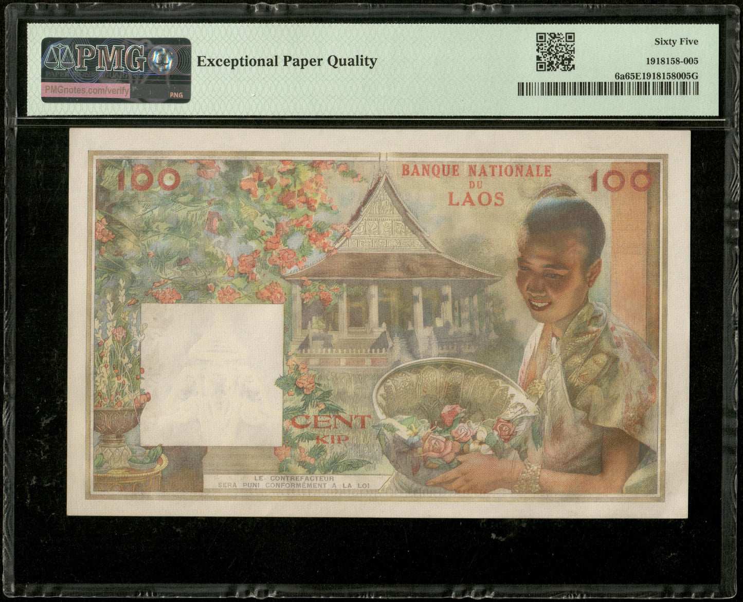 LAOS - 100 Kip (1957) Pick 6a NEUF / PMG Gem Unc 65 EPQ