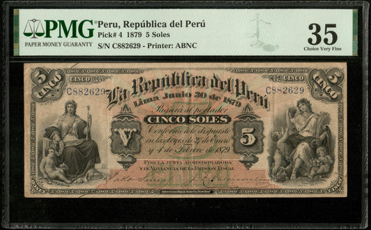PEROU - Republica del Peru, 5 Soles 1879 P.4 TTB / PMG 35