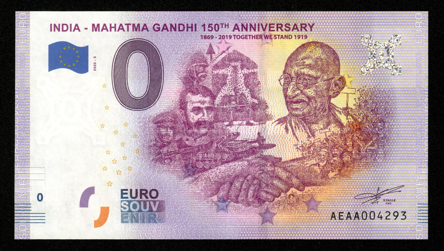 Billet Souvenir 0 Euro - India, GANDHI 150th ANNIVERSARY TOGETHER WE STAND 1919 2020-5 NEUF / UNC