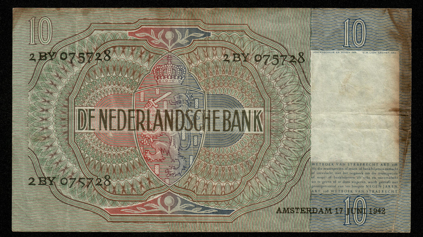 PAYS-BAS - NETHERLANDS - 10 Gulden 1942 P.56b TB / Fine