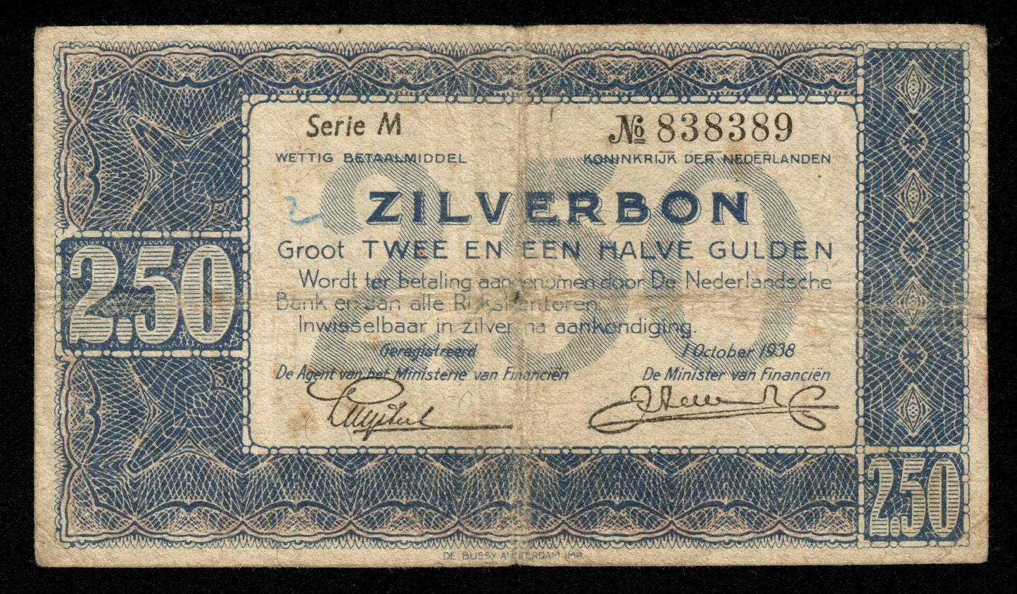 PAYS-BAS - NETHERLANDS - 2,5 Gulden 1938 Zilverbon P.62 B / Good