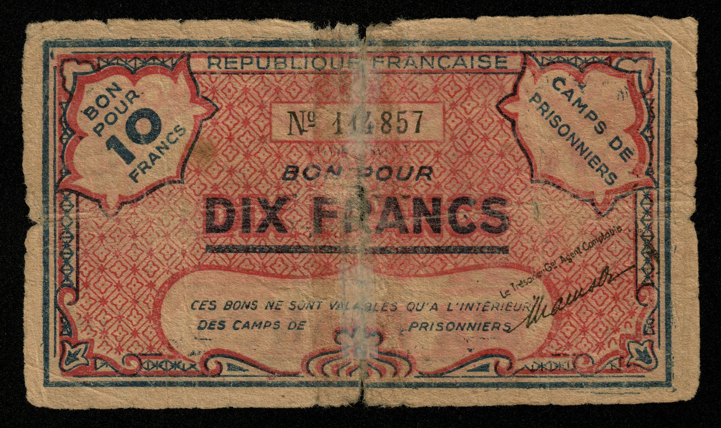 ALGÉRIE - ALGERIA - 10 Francs Camps de prisonniers (1943) P.NL, K.395 AB / Poor