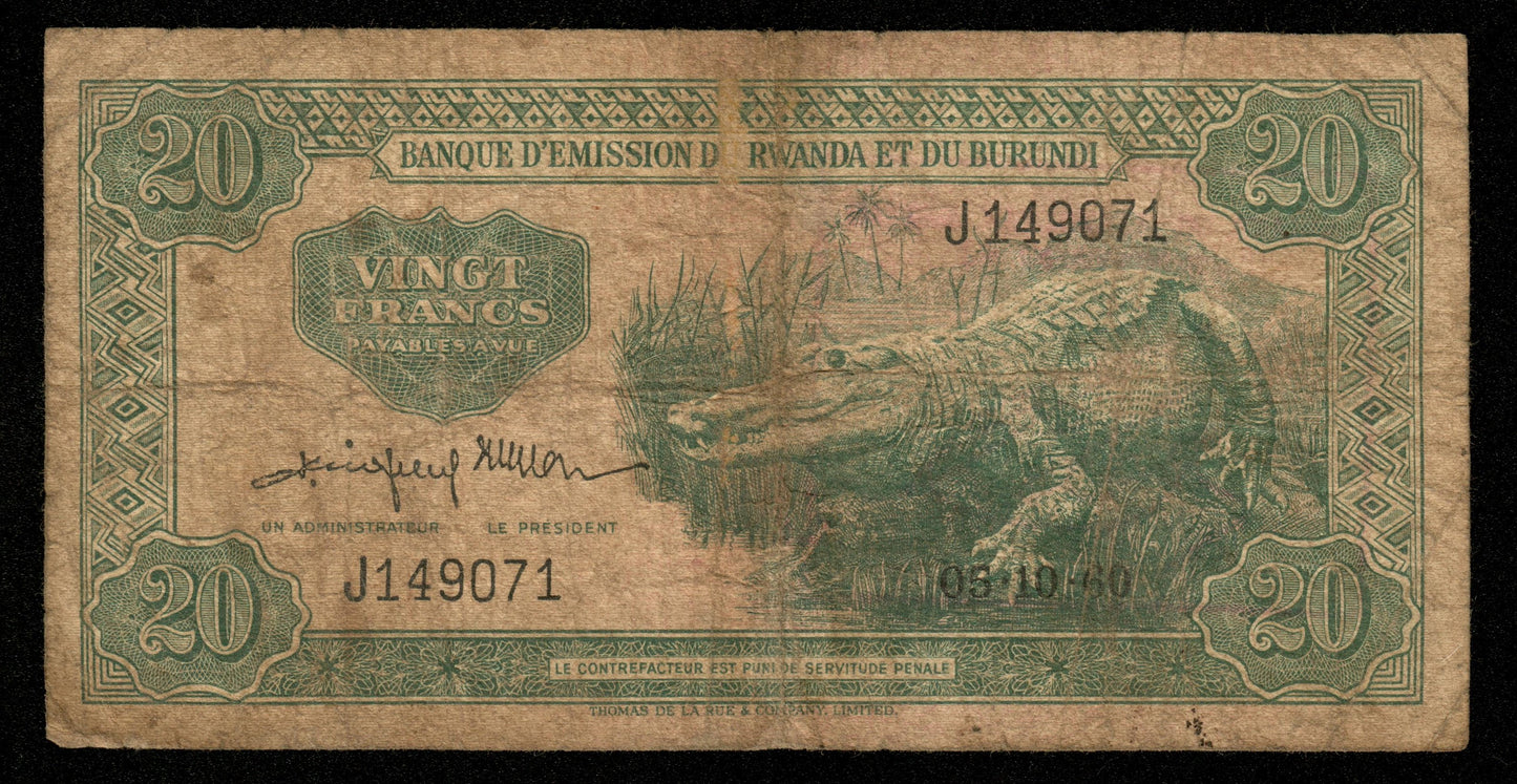 RWANDA-BURUNDI - 20 Francs 1960 P.3a B / Good