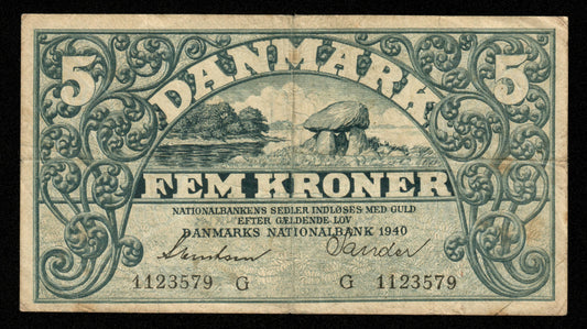 DANEMARK - DENMARK - 5 Kroner 1940 P.30d, Sieg 102 TB / Fine