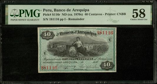 PEROU - PERU - Banco de Arequipa, 40 Centavos (1870s) Pick S116r pr.NEUF / PMG Choice About Unc 58