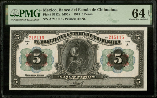 MEXIQUE - MEXICO - Estado de Chihuahua, 5 Pesos 1913 Pick S132a NEUF / PMG Choice Unc 64 EPQ