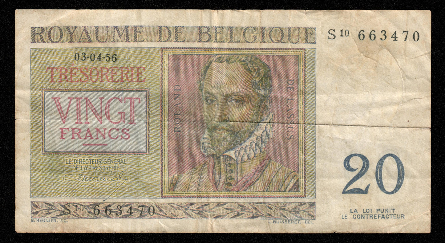 BELGIQUE - BELGIUM - 20 Francs 1956 P.132b pr.TTB / VF-