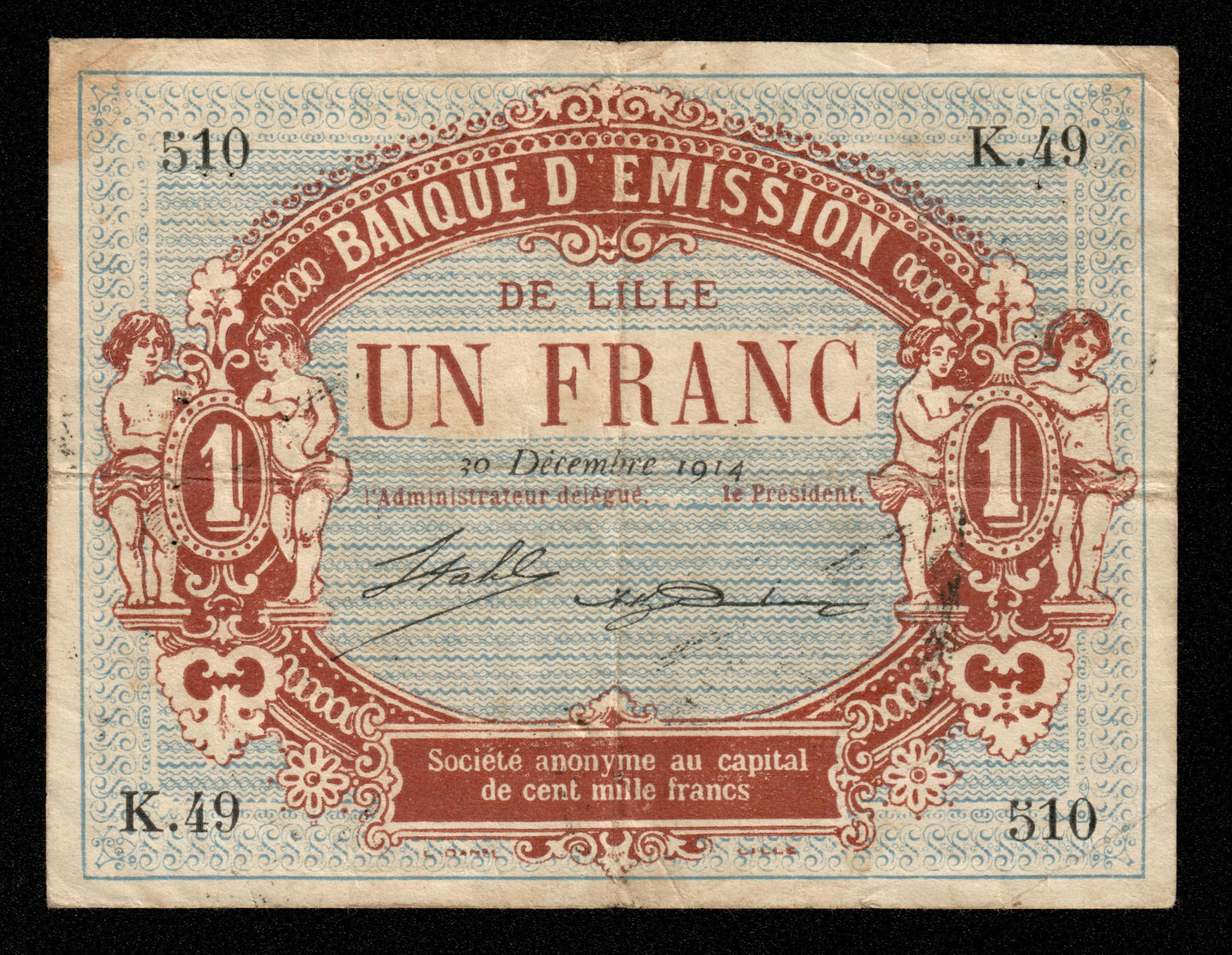 FRANCE - Banque d'émission de Lille, 1 Franc 1914, tampon Bruxelles TTB / VF