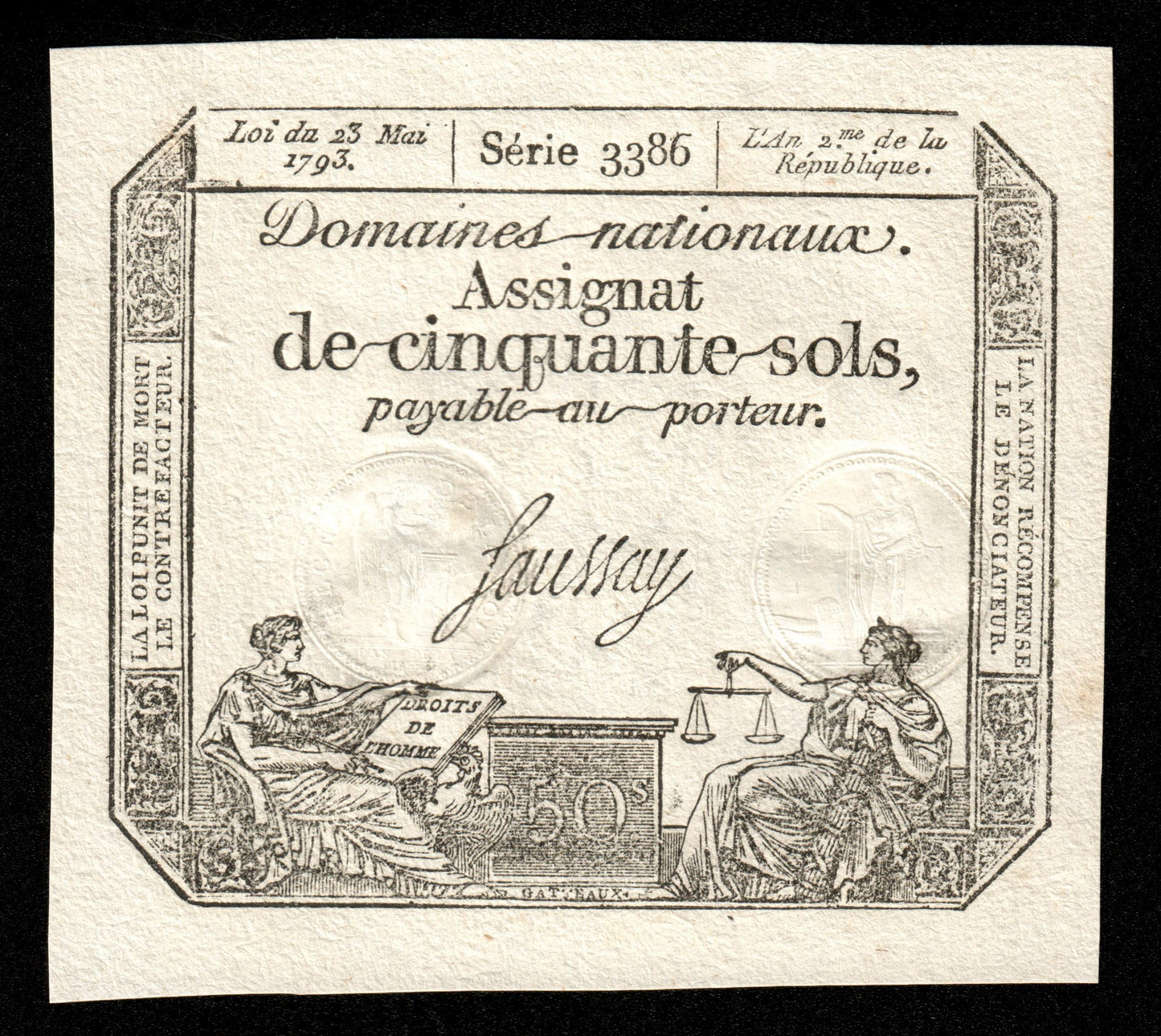 FRANCE - Assignat, 50 Sols 23 Mai 1793 Ass.42c, P.A70b Série 3386 pr.NEUF / UNC-