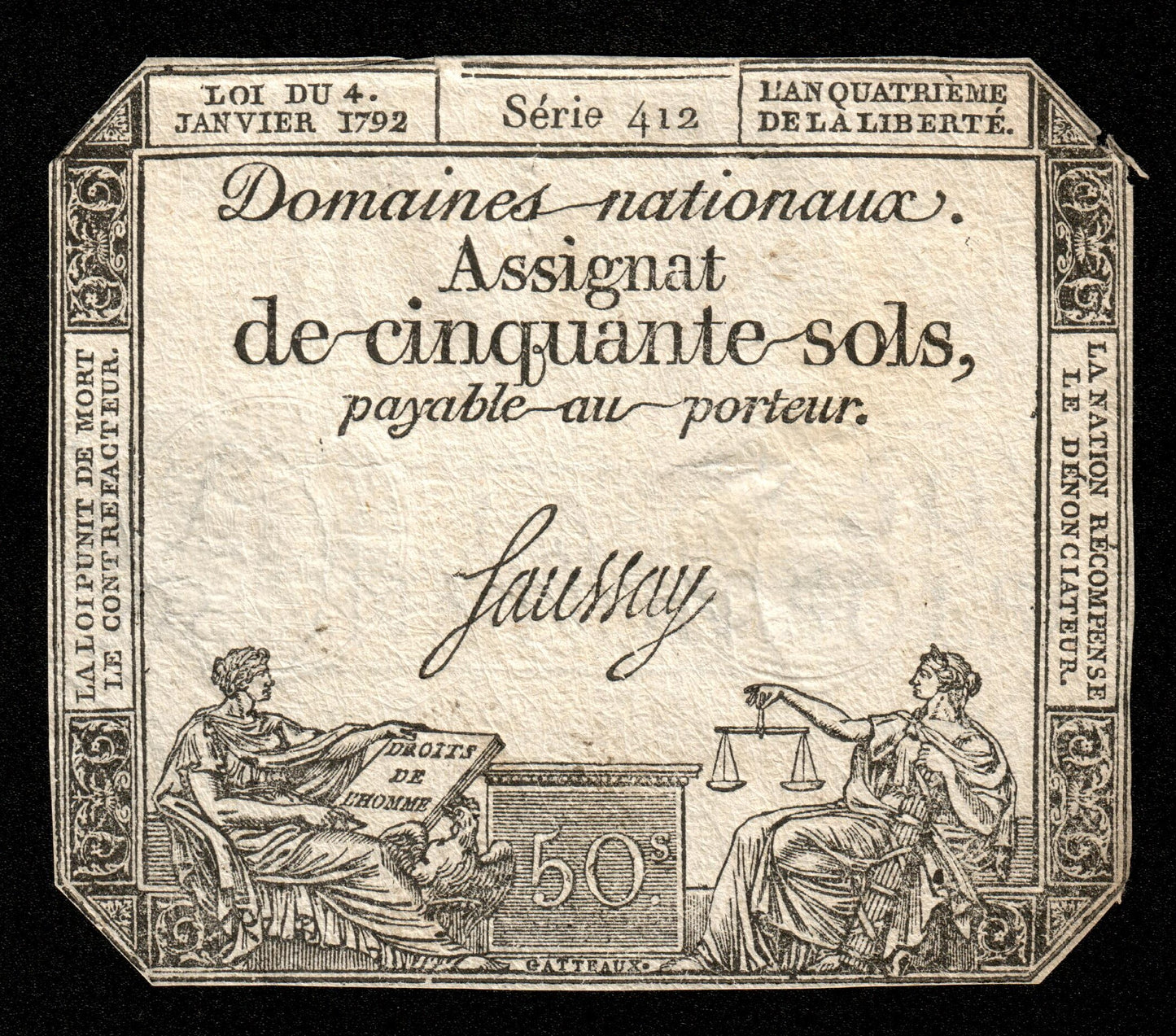 FRANCE - Assignat, 50 Sols 4 janvier 1792 Ass.26a, P.A56 Série 412 TTB / VF