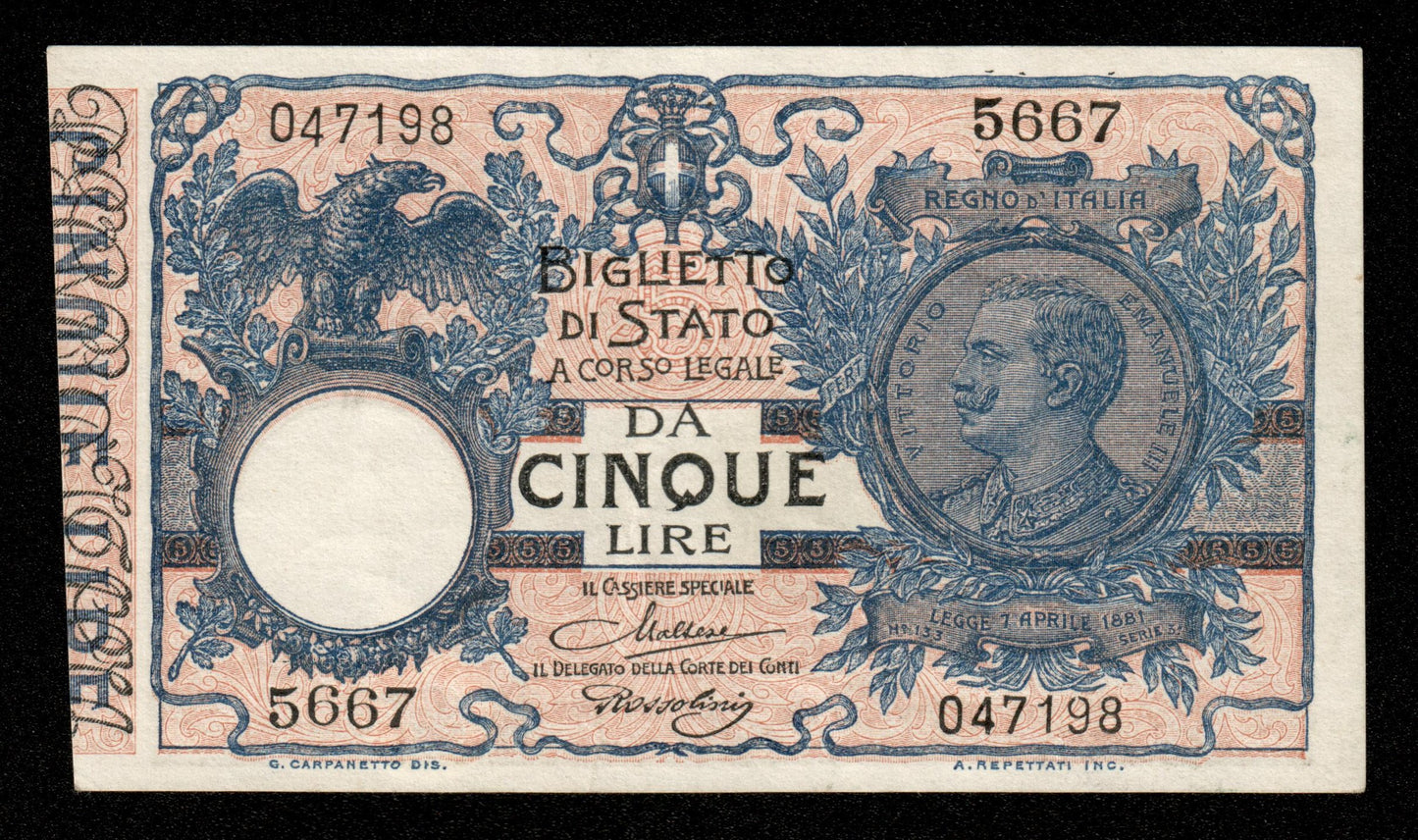 ITALIE - ITALY - 5 Lire 1904 P.23f Maltese & Rossolini SUP+ / XF+