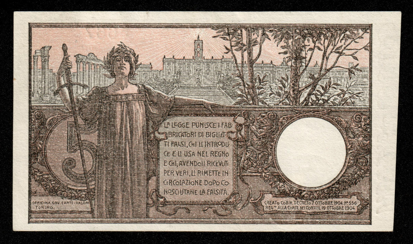 ITALIE - ITALY - 5 Lire 1904 P.23f Maltese & Rossolini SUP+ / XF+