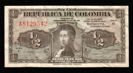 COLOMBIE - COLOMBIA - 1/2 Peso Oro 1948 P.345a TTB / VF