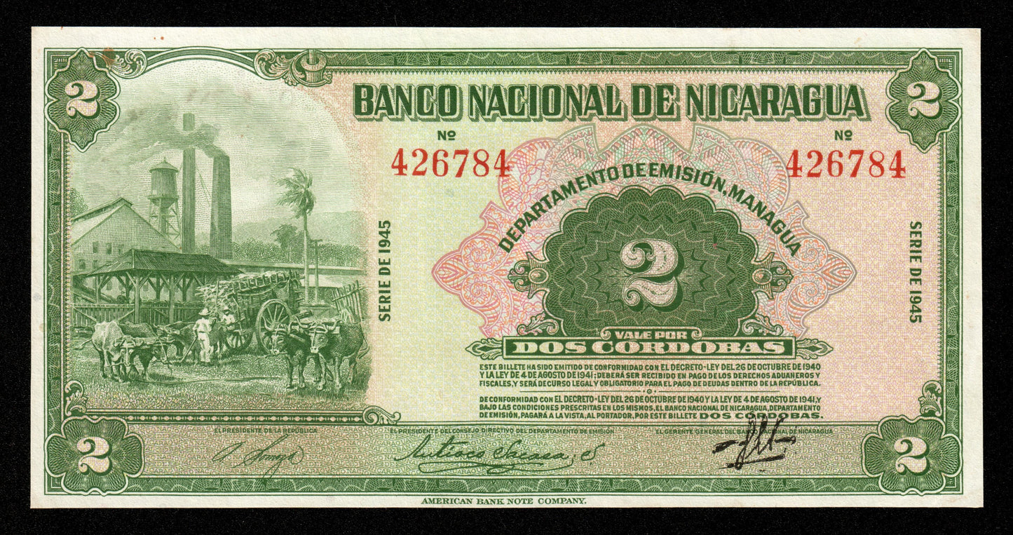 NICARAGUA - 2 Cordobas 1945 P.92b SUP+ / XF+