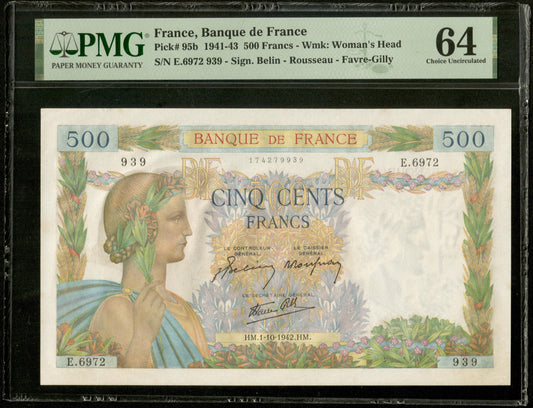 FRANCE - 500 Francs La Paix 1942 (1941-1943) F.32.41 Pick 95b NEUF / PMG Choice Unc 64