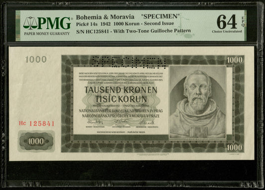 BOHÈME ET MORAVIE - BOHEMIA AND MORAVIA - 1000 Korun Specimen 1942 Pick 14s PMG Choice Unc 64 EPQ