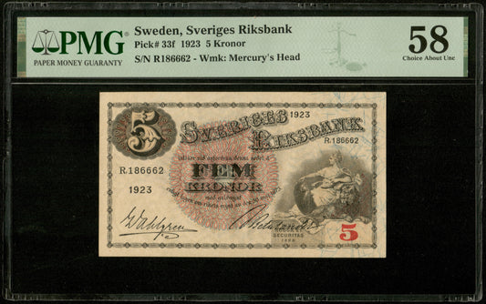 SUEDE - SWEDEN - 5 Kronor 1923 Pick 33f R186662 PMG Choice About Unc 58