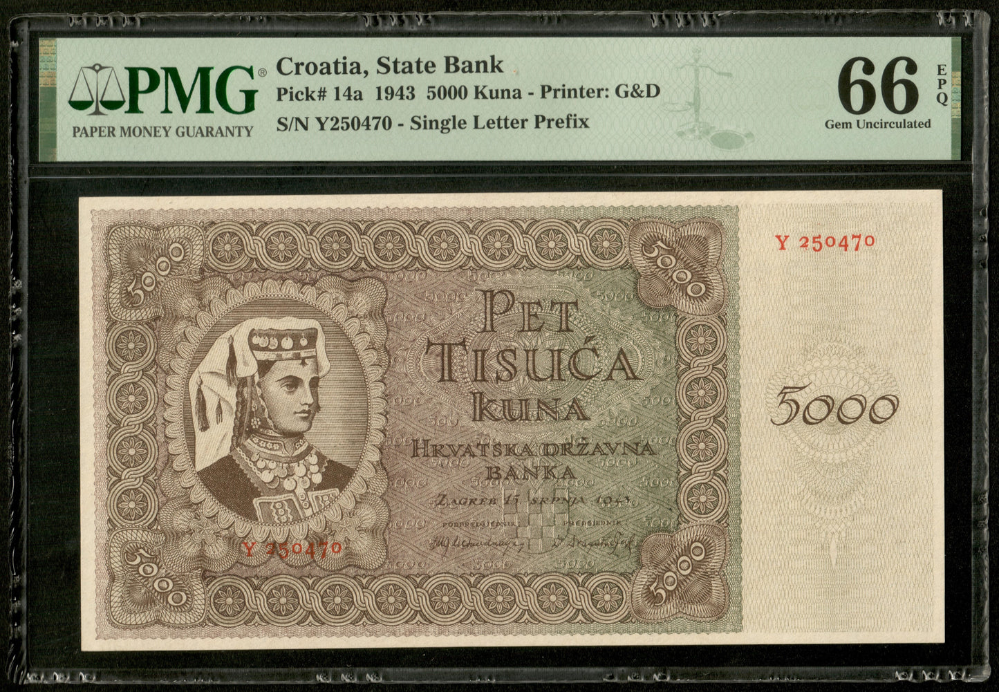 CROATIE - CROATIA - 5000 Kuna 1943 Pick 14a NEUF / PMG Gem Unc 66 EPQ