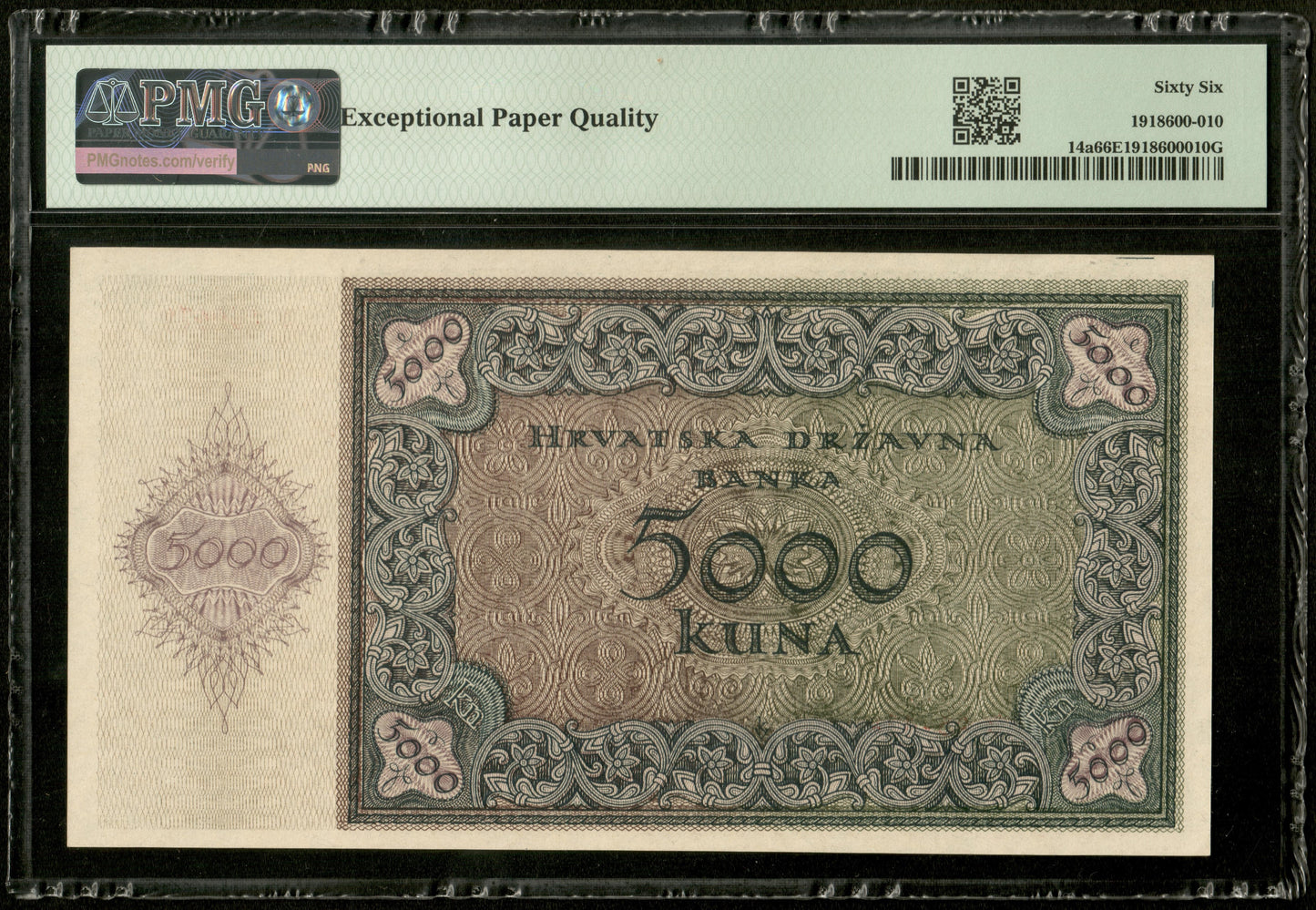 CROATIE - CROATIA - 5000 Kuna 1943 Pick 14a NEUF / PMG Gem Unc 66 EPQ