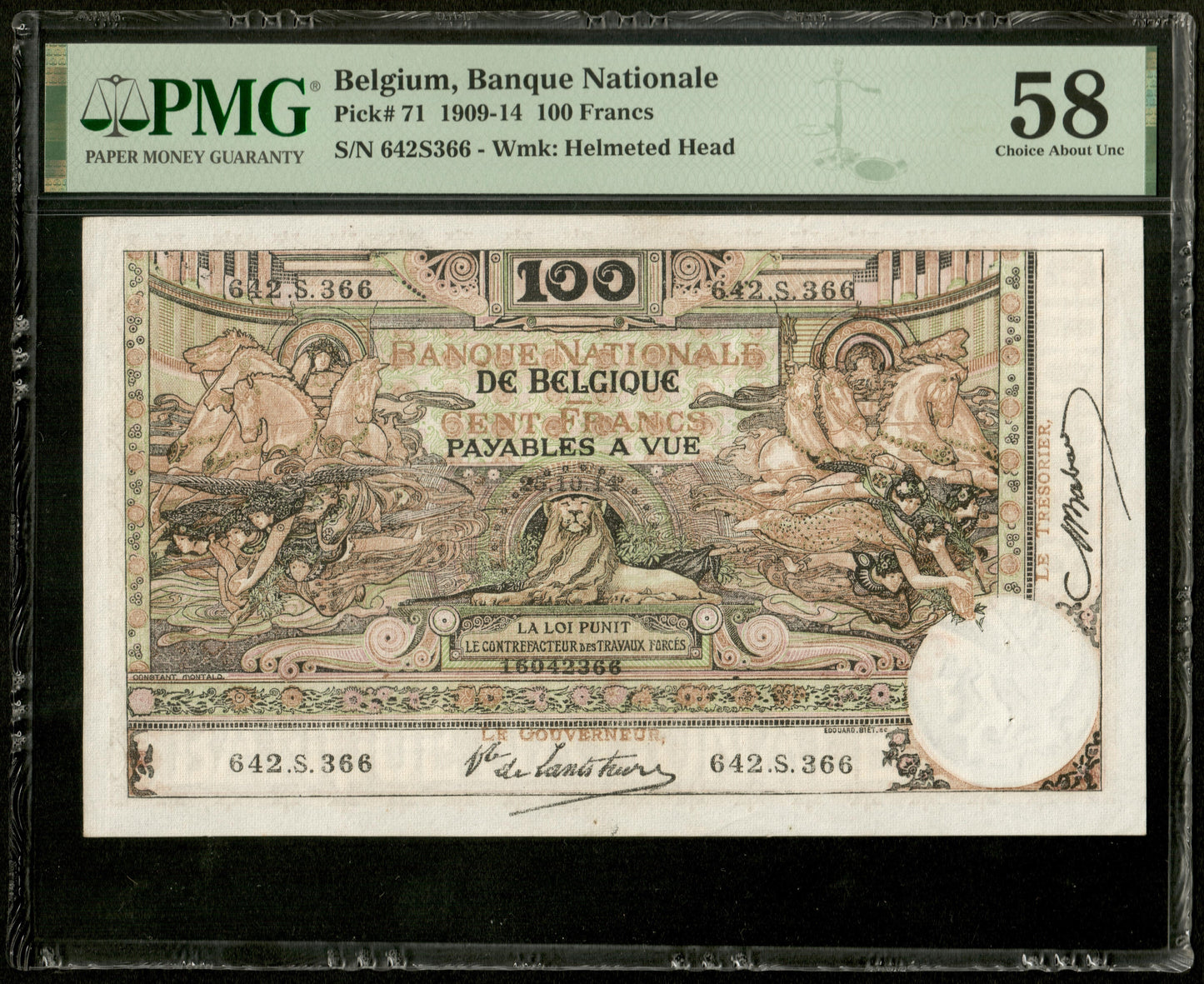 BELGIQUE - BELGIUM - 100 Francs 1914 Pick 71 PMG Choice About Unc 58