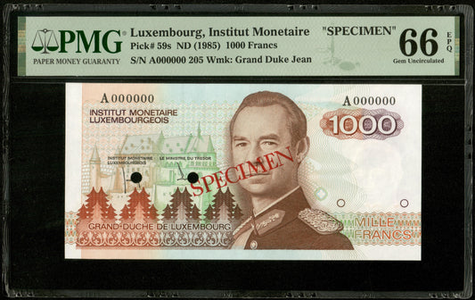 LUXEMBOURG - 1000 Francs Specimen Pick 59s (1985) NEUF / PMG Gem Unc 66 EPQ